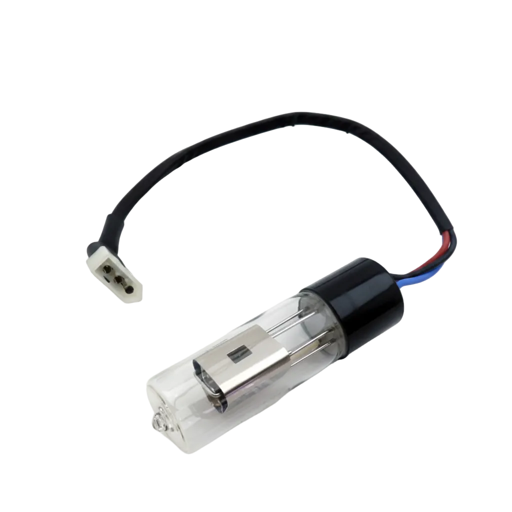 A Varian Cary 100 300 D2 replacement lamp with a clear glass bulb, black plastic end cap, and attached black wire connector, shown on a white background with text below.