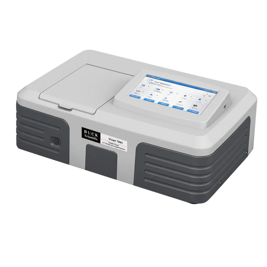 A Buck Scientific Vision 7841 digital microscope, featuring a light gray and dark gray housing with a top-mounted display screen and a sliding cover, shown on a plain white background.