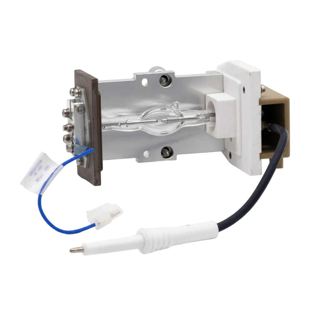 Waters 2475 Xenon Lamp for home bar mixers, featuring a silver metal reflector, clear glass bulb, white plastic components, a black power cord, and a blue temperature sensor wire, shown on a white background with text overlay.