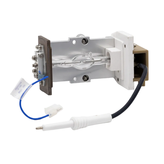 Waters 2475 Xenon Lamp for home bar mixers, featuring a silver metal reflector, clear glass bulb, white plastic components, a black power cord, and a blue temperature sensor wire, shown on a white background with text overlay.