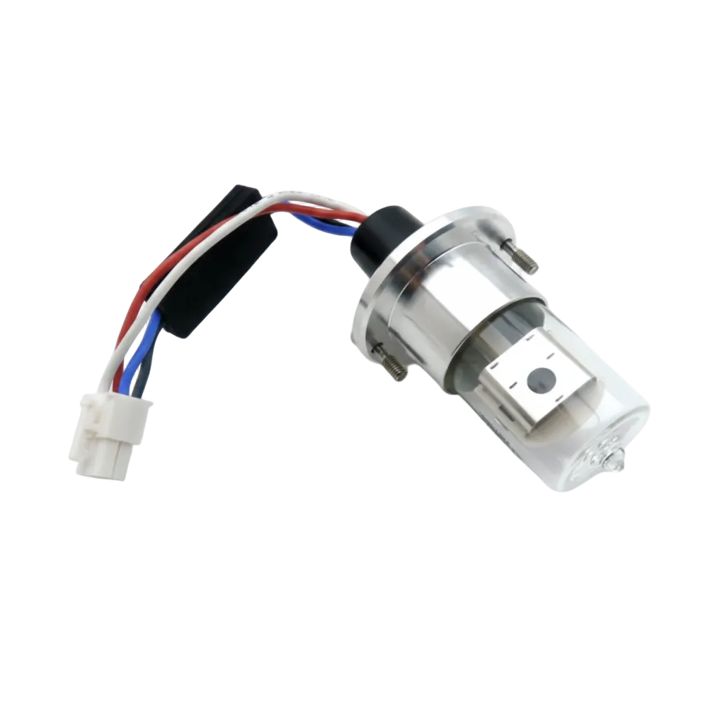 A Waters Acuity PDA/TUV lamp with an integrated smart chip, featuring a clear cylindrical body, silver metal base, and a multi-colored wire connector, shown on a white background with a text overlay at the bottom.