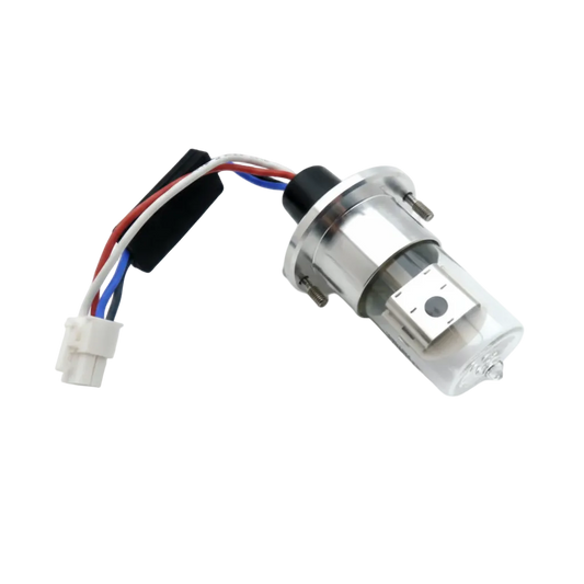 A Waters Acuity PDA/TUV lamp with an integrated smart chip, featuring a clear cylindrical body, silver metal base, and a multi-colored wire connector, shown on a white background with a text overlay at the bottom.